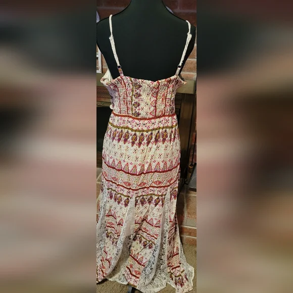 Boho Crochet-Tiered Maxi Dress in Cream and Pink - Picture 2 of 6
